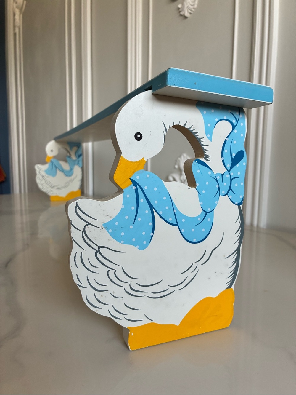 Vintage Hand-Painted Wooden shelf Goose and bow in White and Light Blue